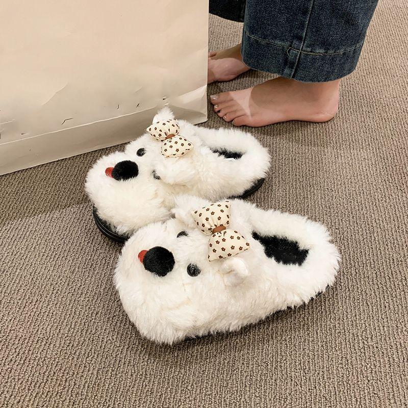 Wear Home Half Slippers Cotton Shoes Cute Cartoon Bow Puppy Fluffy Slippers Female 2025 Autumn and Winter New