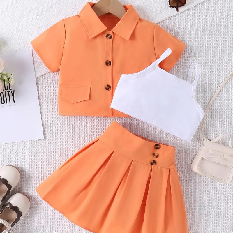 

Модный флуоресцентный комплект для девочек с лацканами, детский повседневный топ с бретелькой через шею + топ с лацканами, короткая юбка 4Y оранжевый