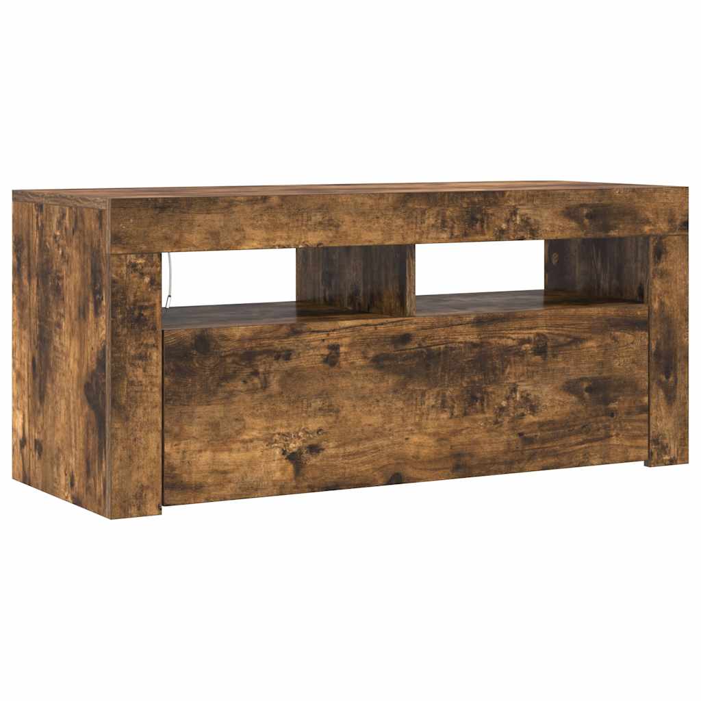 TV Stand with LED Lights Smoked Oak Finish 90 x 35 x 40 cm