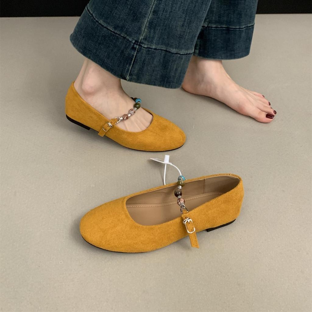 Französisches Wildleder Ein-Wort-Schnalle Mary Jane Schuhe Damen 2025 Herbst neu Nischendesign Perle weiche flache Schuhe