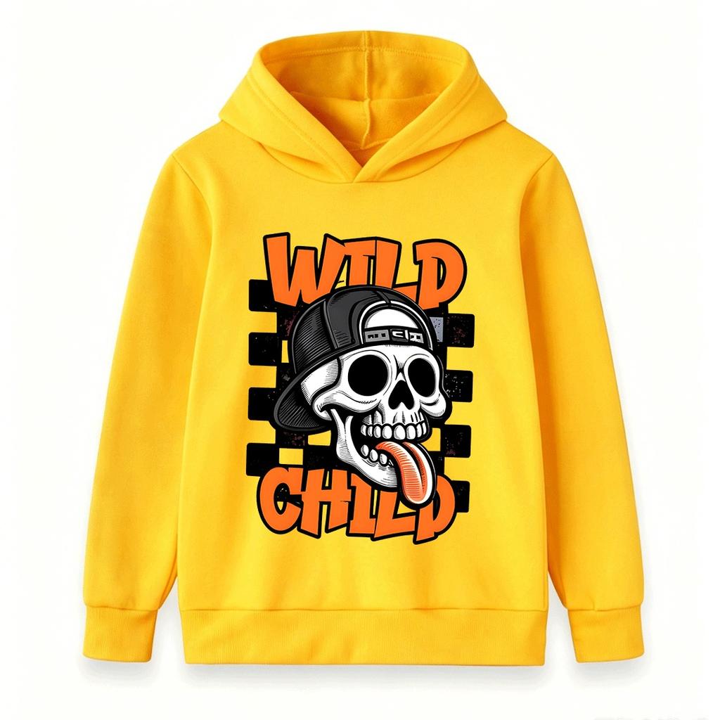 Kids Boys Girls Hoodie, Wild Child Skull Pattern Long Sleeve Casual Pullover Sweatshirt for Daily Wear