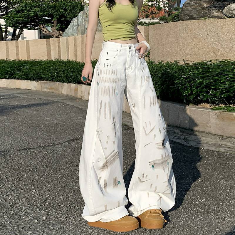 

JYL Унисекс Широкие Джинсы Белые Грязный Граффити Летние Нишевые High-Street Cleanfit Деним M сплав оранжевый