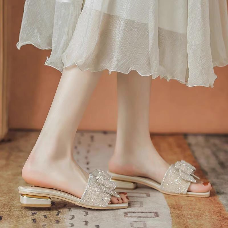 Fashion Mid-heel Sandals New Summer Square Head Shallow Mouth Glitter Butterfly Knot Anti-slip Wear-resistant Slippers