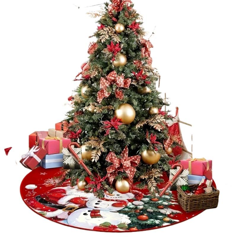 Festive Snowflake Santa Tree Skirt - Red Christmas Felt Mat with Anti-Slip Backing, Decorative & Protective Tree Base Cover