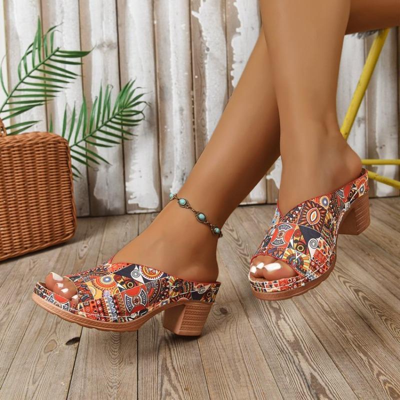 Women's Printed Peep Toe High Heel Sandals, Ethnic Style Beach Slides, Plus Size Summer Casual Shoes