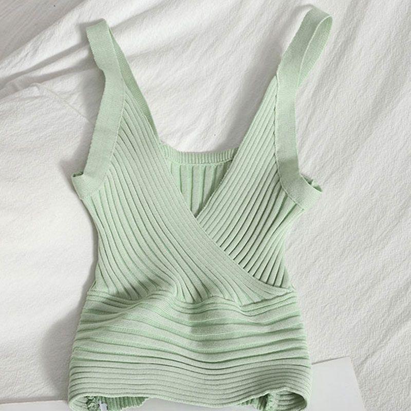 

Универсальный облегающий базовый топ на весну и лето, однотонный короткий трикотажный жилет в полоску для студентов One size