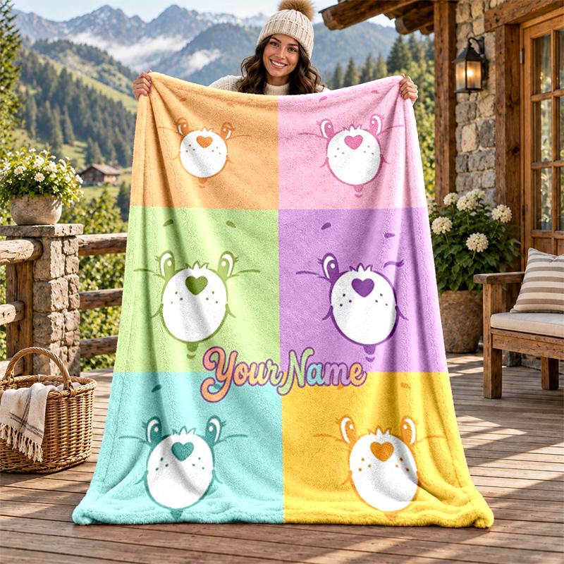 Care Bear Custom Name Flannel Blanket Personalized Soft Warm Plush Throw Blanket Customized Gift for Family Friends