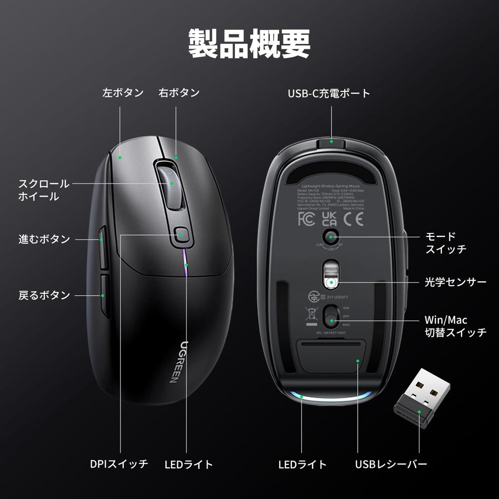 UGREEN Wireless Mouse, USB-C Rechargeable, for Work and Gaming, Bluetooth 2.4G, Wired, and Side Buttons, Repositionable, Software Included, 5000 DPI,
