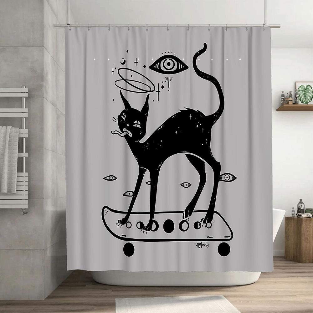 Skateboard Cat Shower Curtain Funny Pet Theme Bathroom Decor Trendy Cool Room Divider Artistic Home Textile Unique Gift