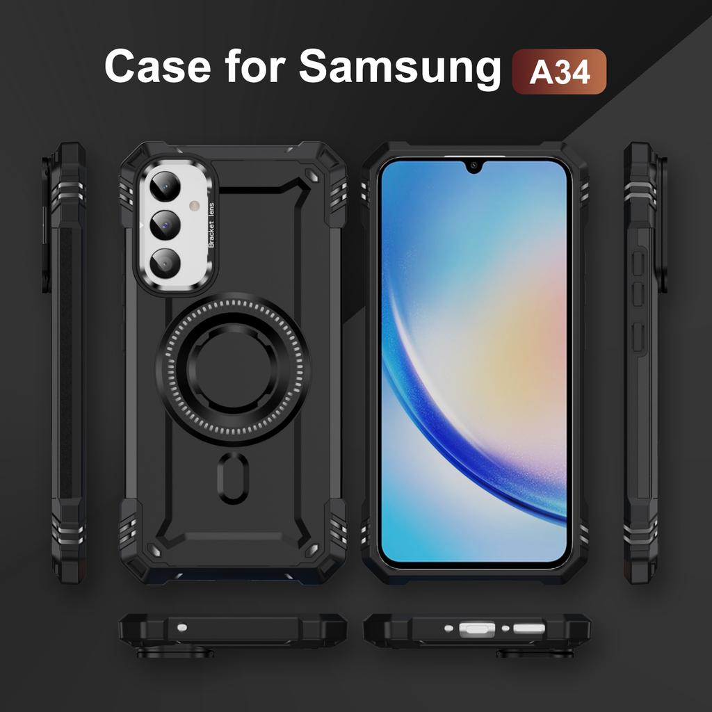 For Samsung Galaxy A36 5G Case Compatible with MagSafe Metal Lens Frame Kickstand PC+TPU Mobile Cover