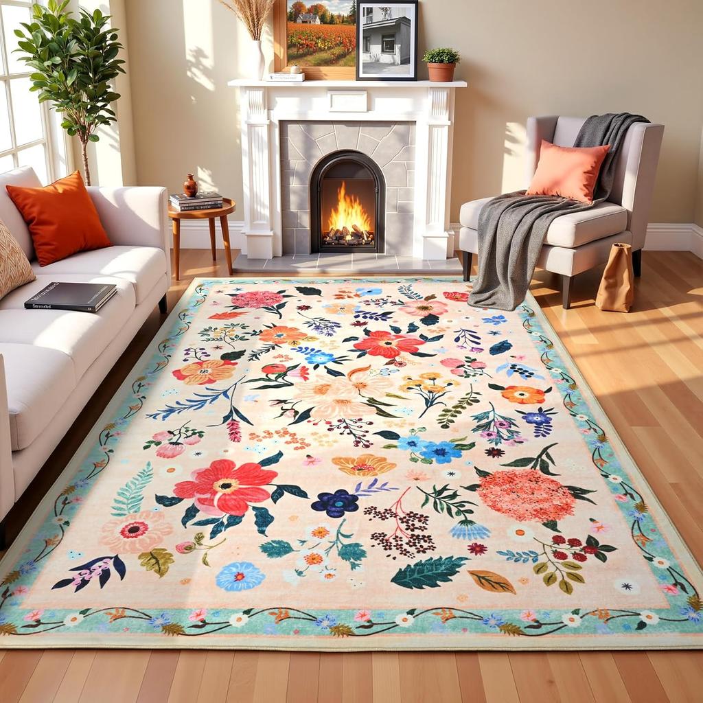 Floral Pattern Carpet Mat - Living Room and Bedroom Carpet Decoration  Romantic Design with Pink  Red Flowers and Green Leaves