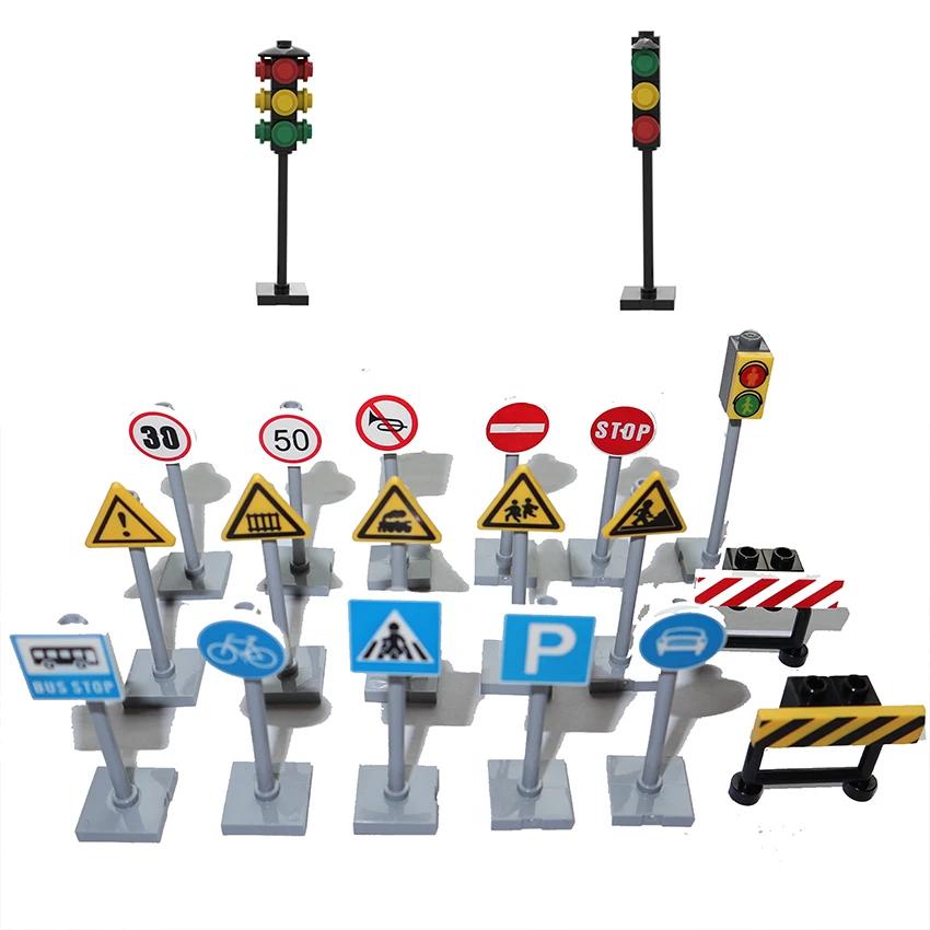 Non-Toxic Moc City Traffic Lights Road Signs Roadblock Signal Light Speed Limit Diy Building Block Scene Construction Minifigs Accessories