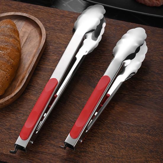 Pince de service Poignée en silicone antidérapante Manche rouge Acier inoxydable résistant à la chaleur Pince alimentaire Cuisine BBQ Buffet Pince pour égoutter l'huile