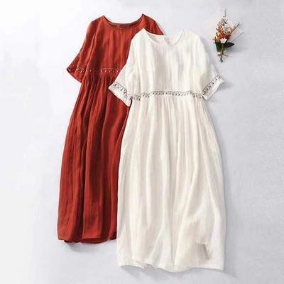 Retro Cotton Linen Dress Women's Summer Loose Breathable Embroidery Dresses for Women's Round Neck Casual Dress
