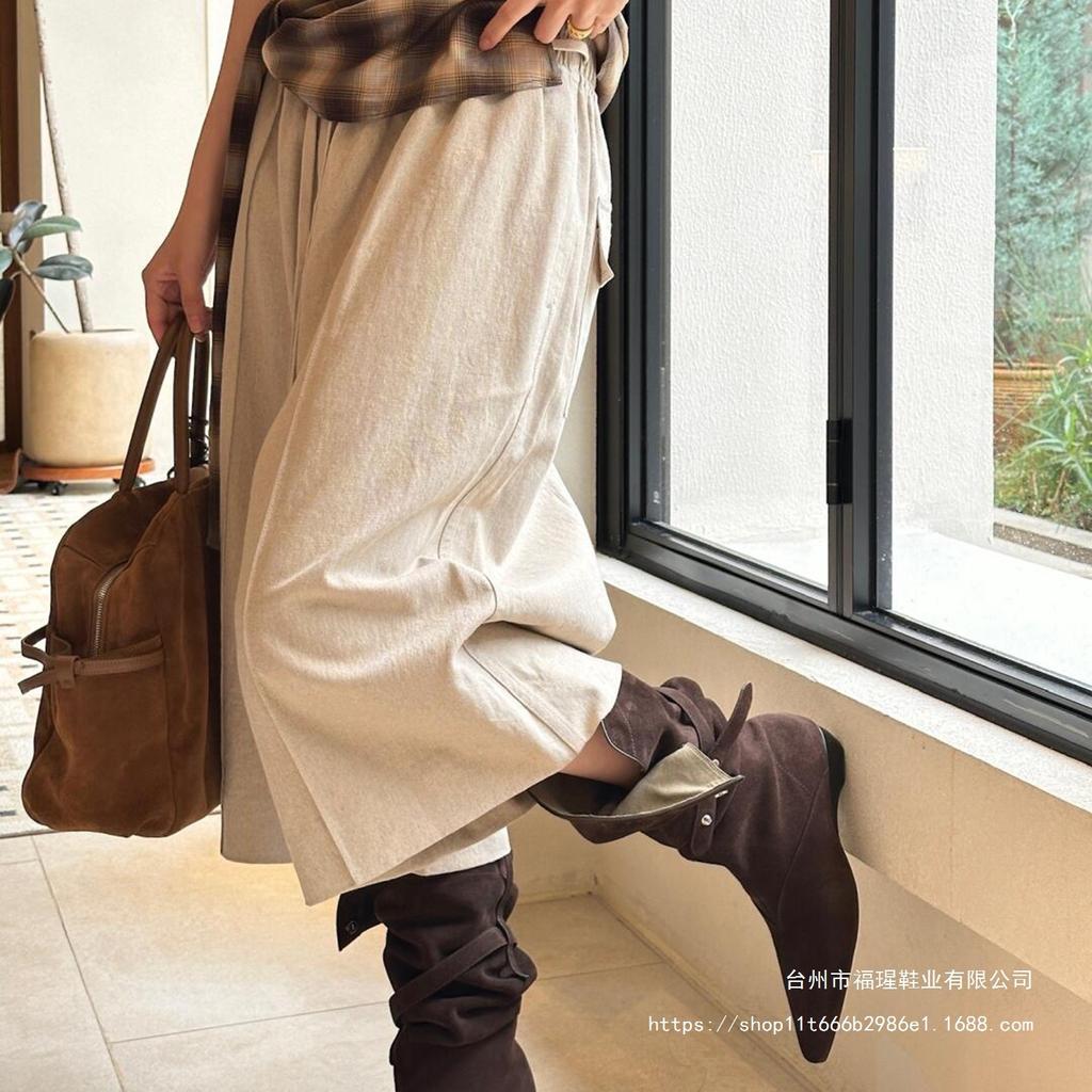 Large Size Pointed Western Cowboy Boots Niche Oblique Neckline Buckle Medium Boots 2025 New Two-wear Stacking Boots
