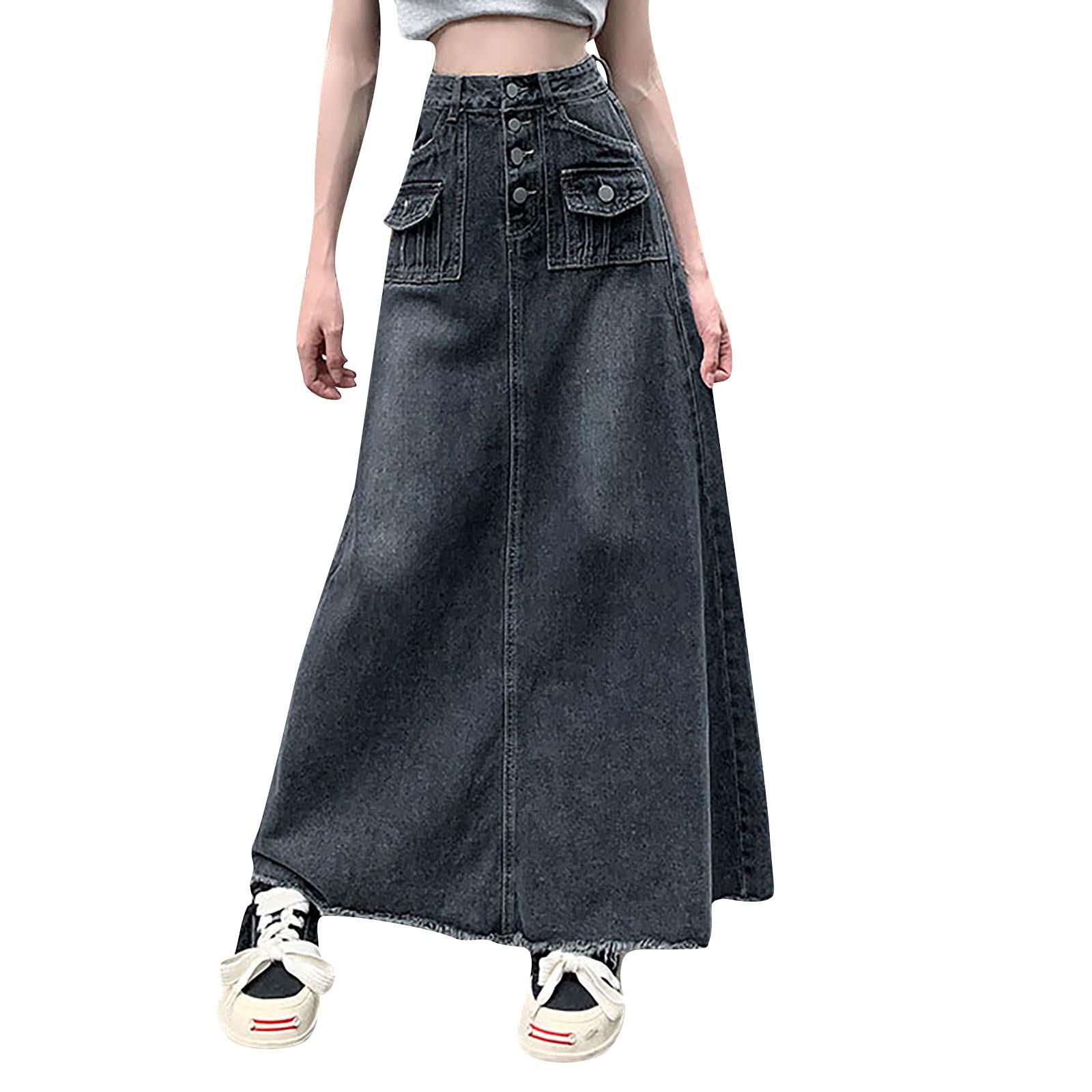 

Джинсовая юбка с высокой талией и краями для женщин, свободная длинная юбка большого размера в стиле ретро XL синий