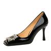 Fashion Elegant Women's Thin High Heels Shallow Mouth Cut Patent Leather Square Toe Metal Rhinestone Buckle Single Shoe