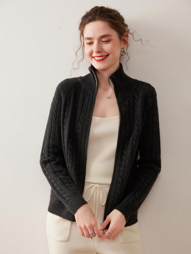 Cashmere Cable Knit Zipper Cardigan - Women's Autumn/Winter 2025, Half-High Neck, Gentle Style.