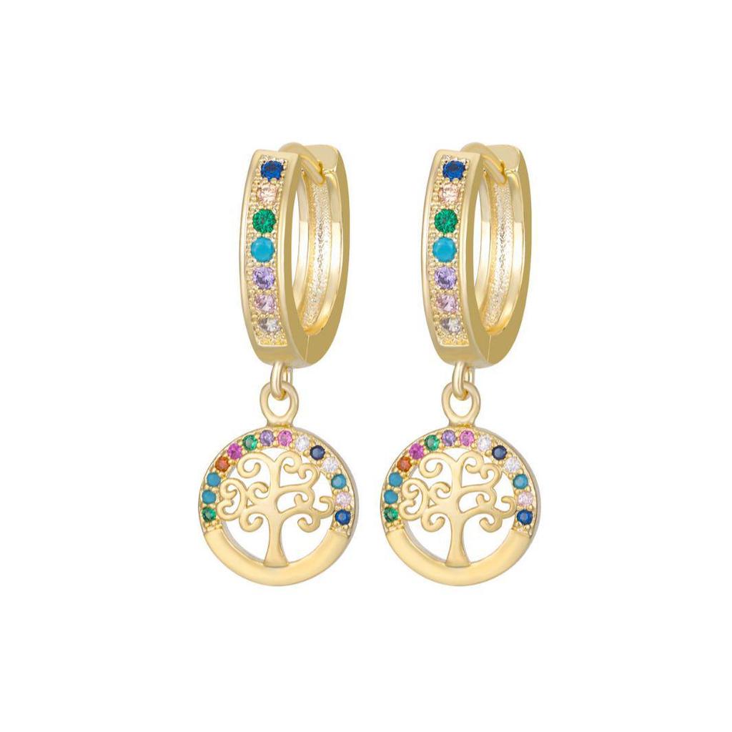 18K Gold Plated Diamond Tree of Life Ear Climbers & Round Pendant Dangle Earrings for Women - Light Luxury Jewelry