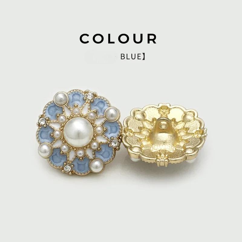 

10 шт. Пуговицы в китайском винтажном стиле с жемчугом и стразами, круглые, для шитья одежды, рубашек, платьев, пальто, аксессуары для шитья, товары для рукоделия 17.5mm синий