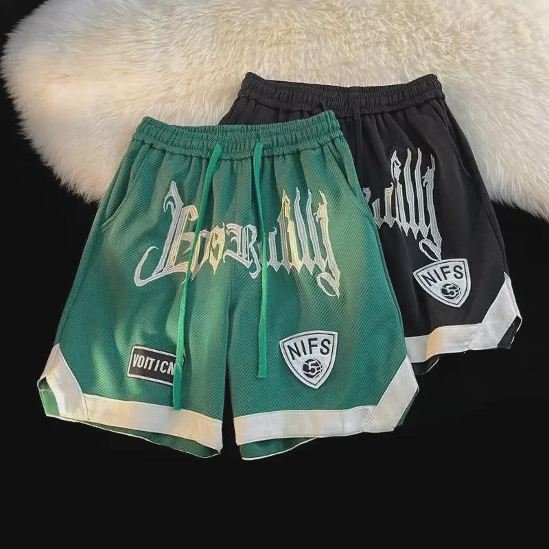 Herrsommar Hip-Hop Kontrastfärg Basketshorts med Broderade Bokstäver