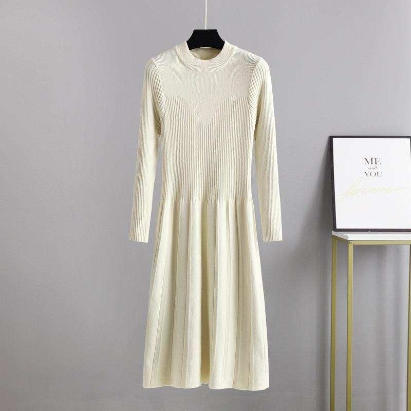 

Женские осенне-зимние платья-свитера с круглым вырезом и длинным рукавом, тонкие вязанные платья с высокой талией OneSize абрикосовый