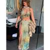 Aesthetic Printed Two Piece Set Women Halter Bandage Irregular Camis+High Side Split Maxi Skirts Female Vacation Outfits