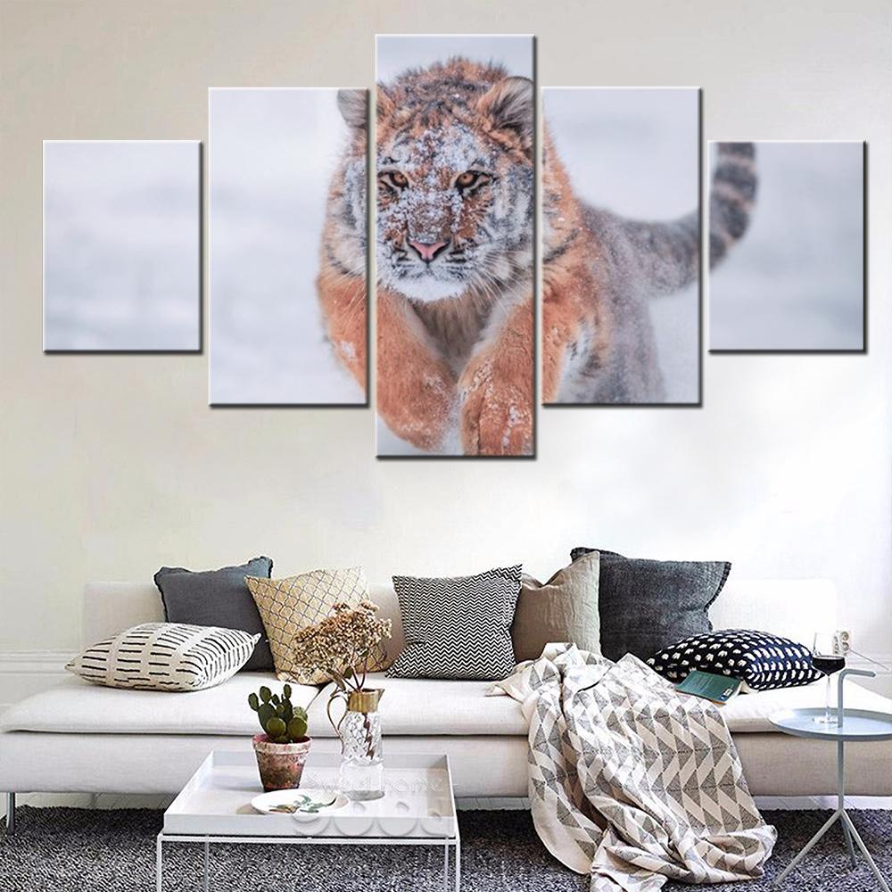 5 Pieces Canvas Wall Arts Animals Poster And Picture Painting Siberian Tiger Snow Winter Wallpaper Home Decor Living Room Mural No Frame