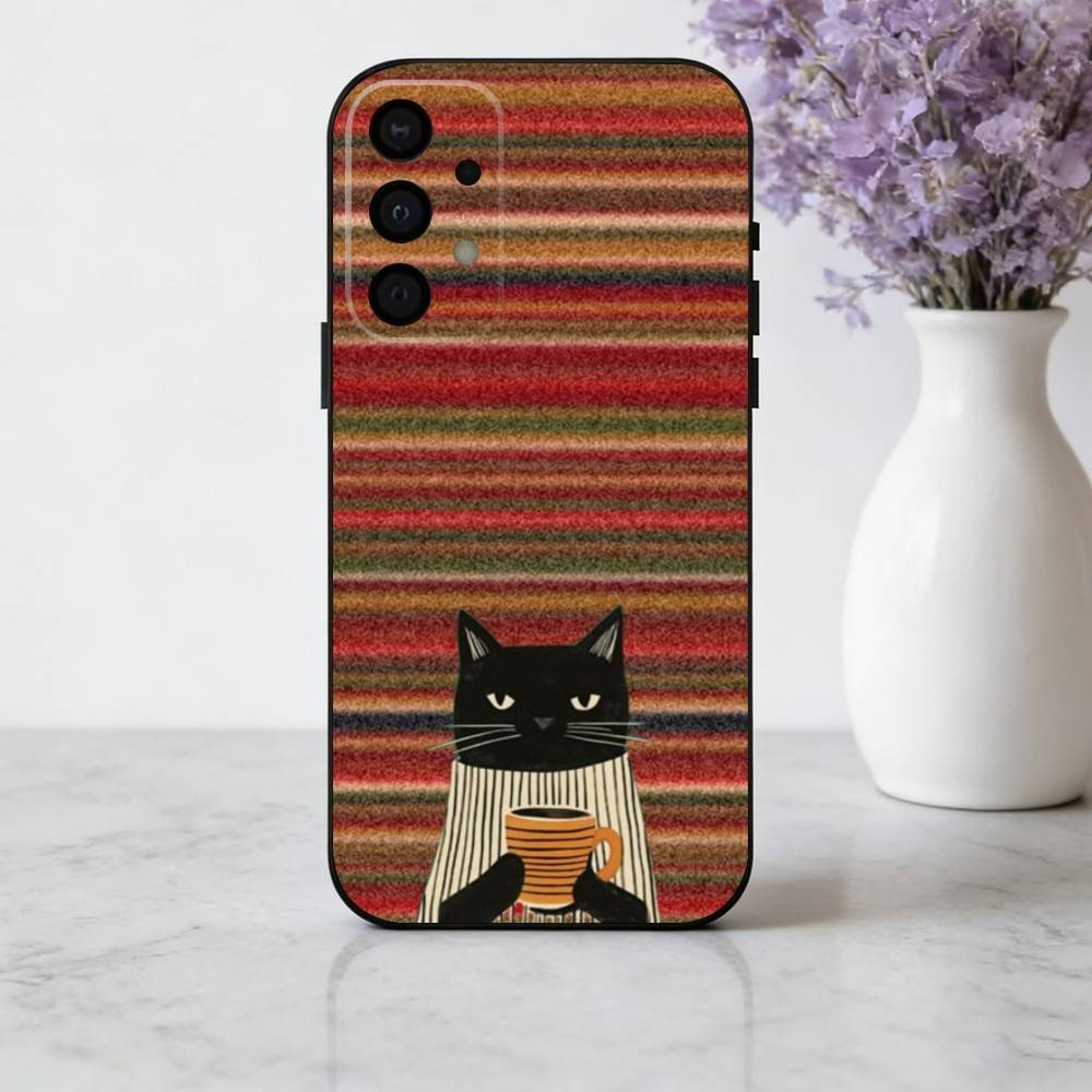 S-Striped C-Coffee Cat phone Case For Samsung Galaxy A73,A72,A71,A70,A53,A52,A51,Others Soft Black Shell