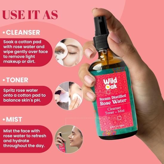 WildOak Steam Distilled 100% Pure Food Grade Rose Water | 100ml Bottle | Gulab Jal |Maintains Skin's Natural PH Level & Tightens Pores