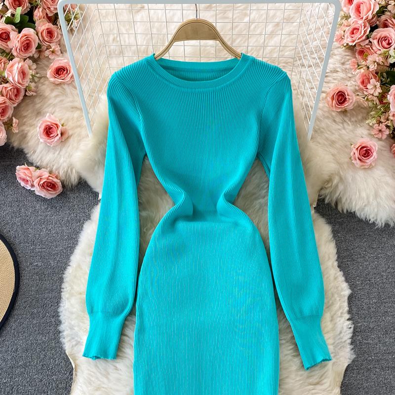 RUGOD Sexy Round Neck Knitted Slit Dress Women's New Autumn and Winter Bottoming Tight Elastic Wrap Hip Sweater Dress