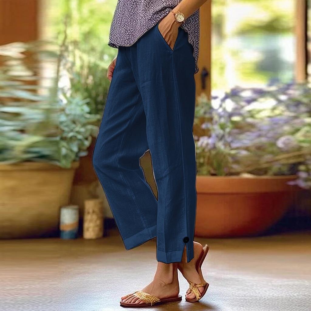 Women's Fashion Solid Color Loose Solid Color Elastic Waist Pocket Straight Leg Casual Cropped Pants