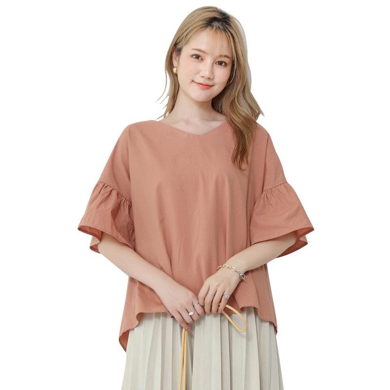 

Rakuten 2023 Женская блузка с V-образным вырезом и оборками большого размера - Японский и корейский стиль, Короткий рукав, Свободный крой One Size оранжевый/коралловый