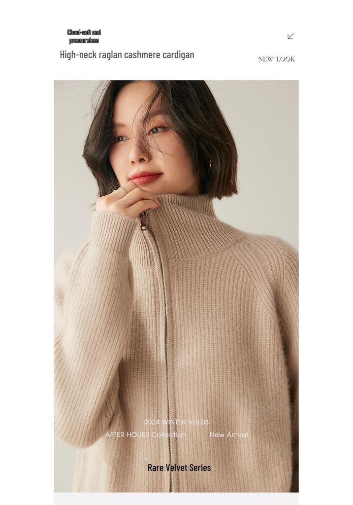 Women's Long Sleeve Cashmere Knit Zipper Cardigan - Cozy Lapel Sweater Outerwear