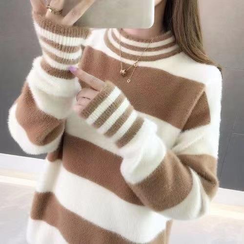 Autumn and winter velvet thickened thermal pullover semi-turtleneck sweater female student Korean version loose striped bottoming shirt