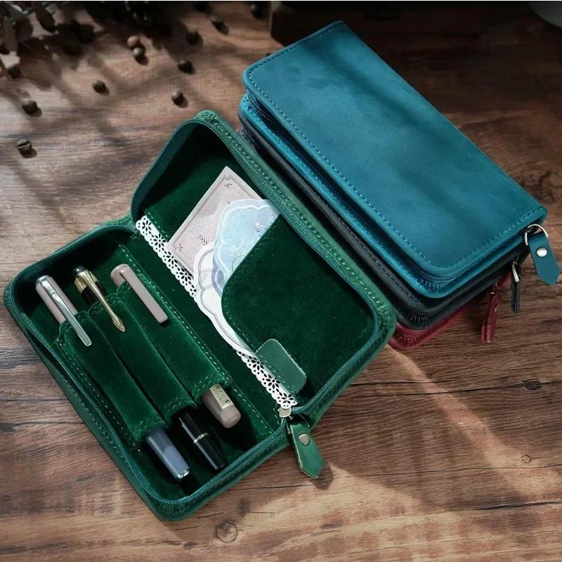 Office Student Cowhide Retro Crazy Horse Leather Square Zipper Pencil Case Creative Large Capacity Ticket Storage Box
