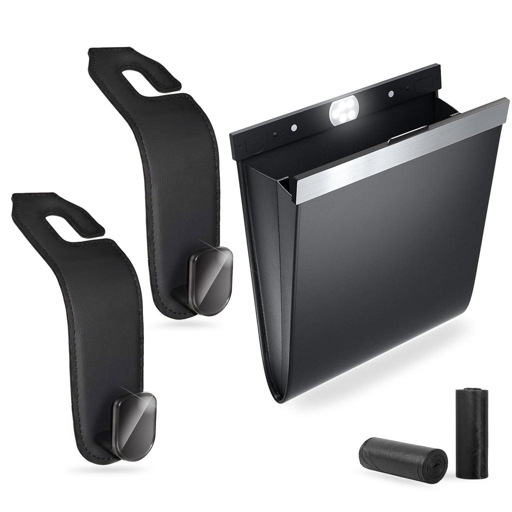 Car Trash Can with LED Magnetic Hook Seat Slim Storage Organizer with 24 Two 500g Weight PU Convenient Car Accessory Sensor, Light, & Mounting,