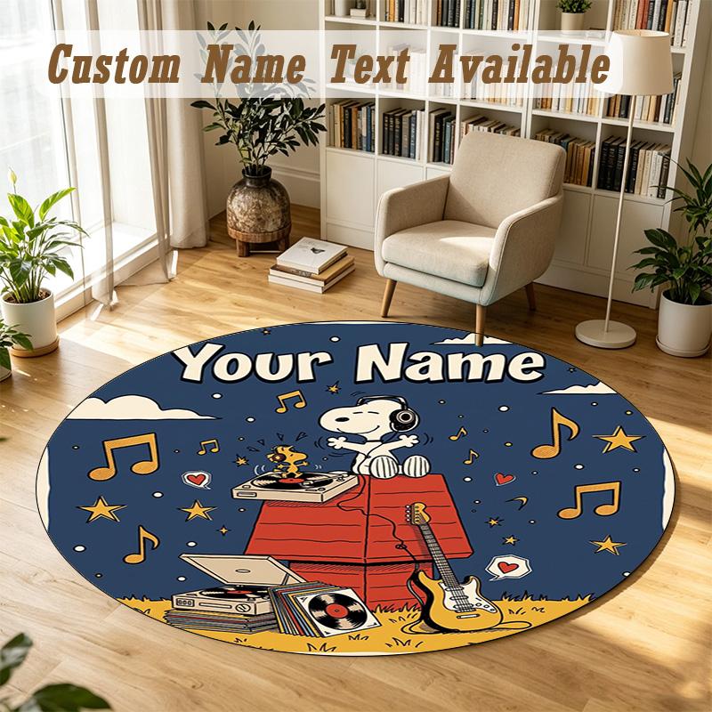 Snoopy Peanuts Personalized Round Rug Support Custom Name, Soft Home Decor Mat