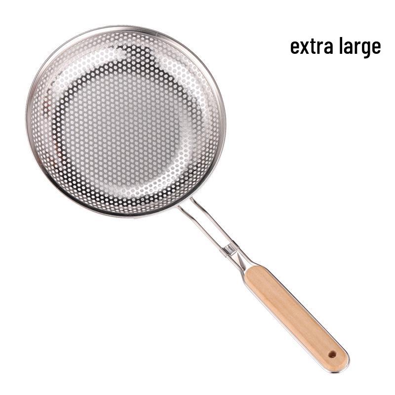 Wooden Handle Stainless Steel Perforated Oil Skimmer Ladle for Dumplings and Noodles - Thickened Frying Spoon Strainer.