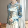 Spring and Summer New Style Elegant Loose-Fitting Top with Side Drawstrings Long-Sleeved Knitted T-Shirt Women's Printed Lightweight Blouse
