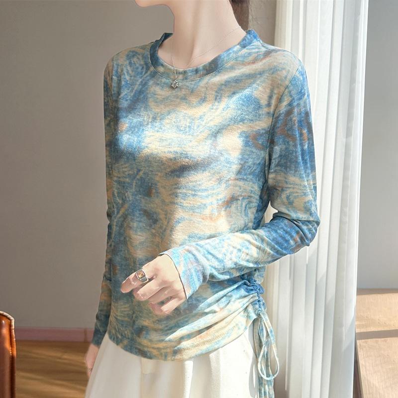 

Весна и Лето Новый Стиль Элегантный Свободный Топ с Боковыми Завязками Женская Трикотажная Футболка с Длинным Рукавом и Принтом Легкая Блузка M