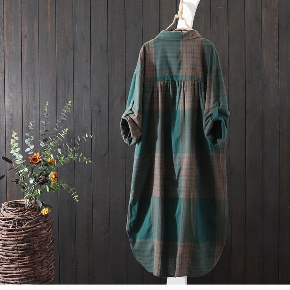 Women's Point Collar Long Sleeve Plaid Oversized Casual Blouse Linen Cotton Tunic Shirt Vintage Single Breasted Spring Thin Outerwear Cardigan