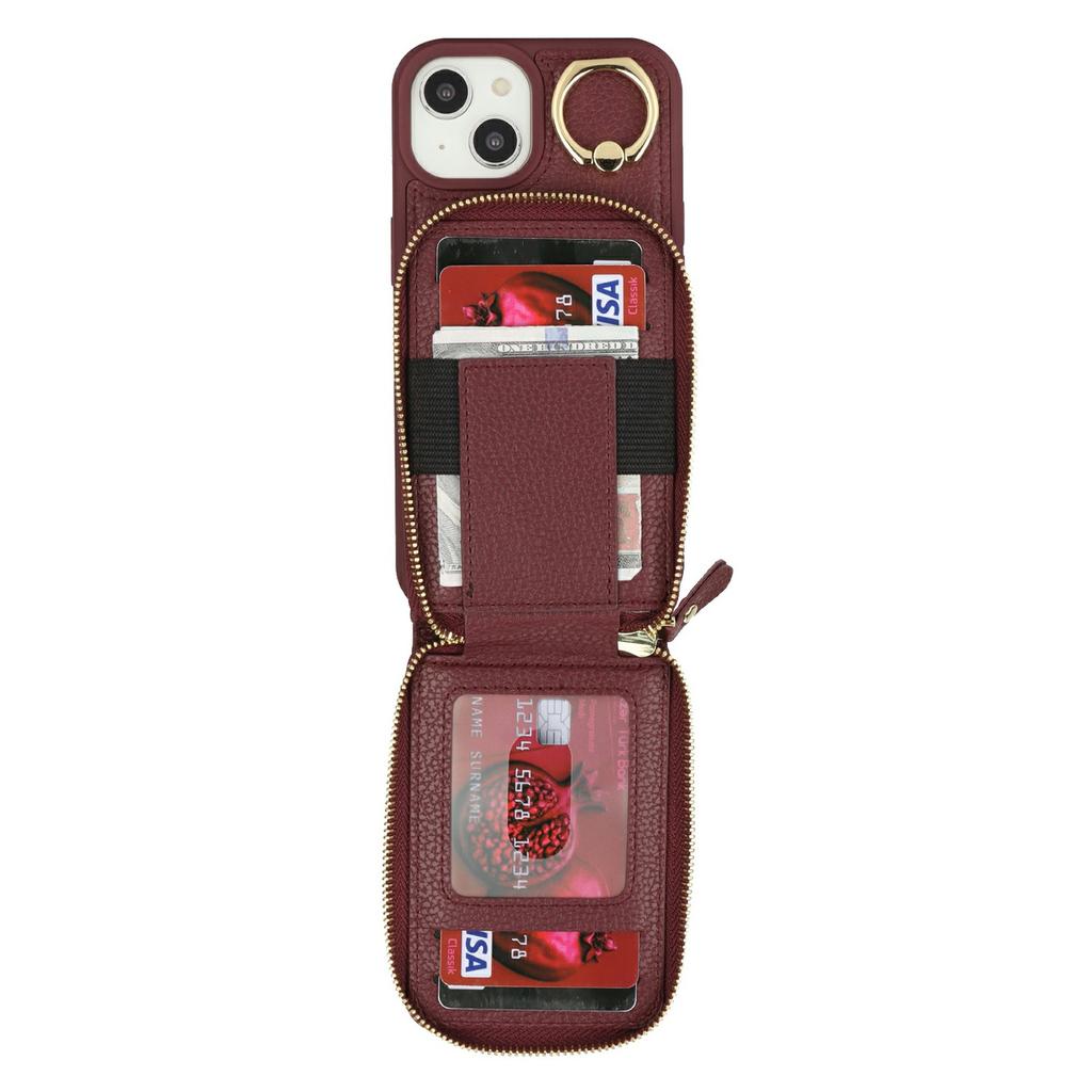 Pro iPhone 14/13 Pouzdro se zipovou kapsičkou/Kroužkovým stojánkem/Poutkem PU s texturou liči + TPU Kryt na telefon