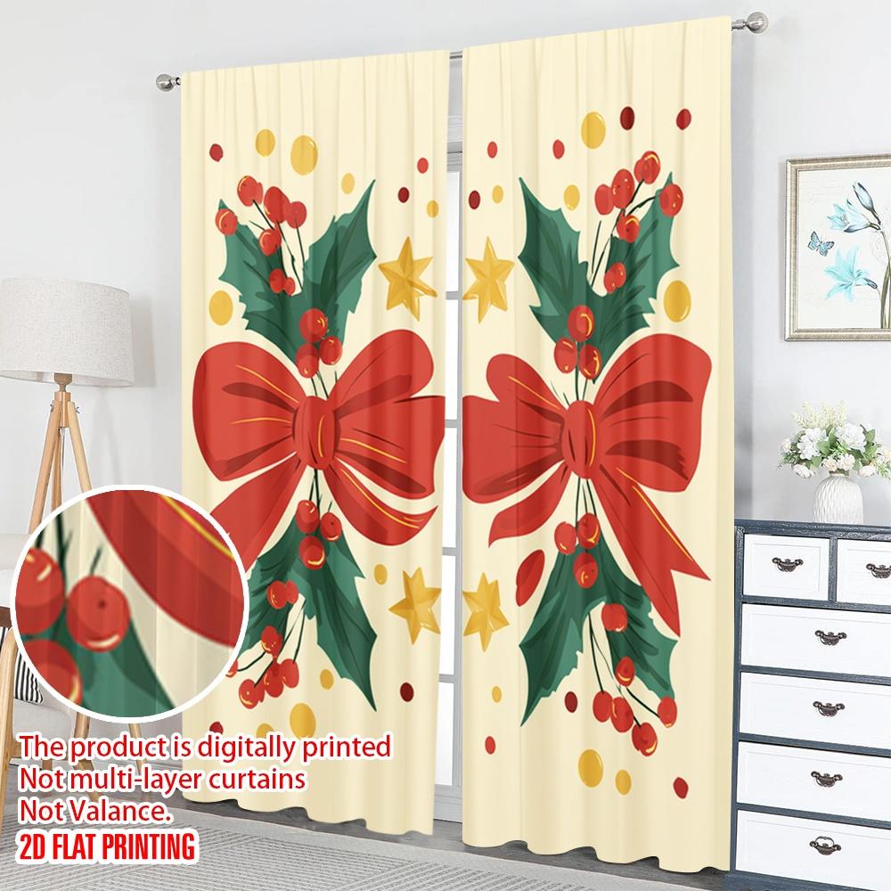 2 Stück 2D-Flachdruck Frohe Weihnachten Szene Vorhänge Weihnachtskaninchen Beeren Schleife Digital Bedruckte Polyester Vorhänge Familienfeier