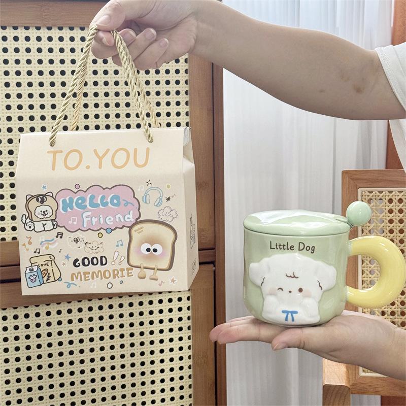 Puppy Mug With Lid Spoon Cute Couple Water Cup Girls Household Creative Ceramic Cup Souvenir Gift Box