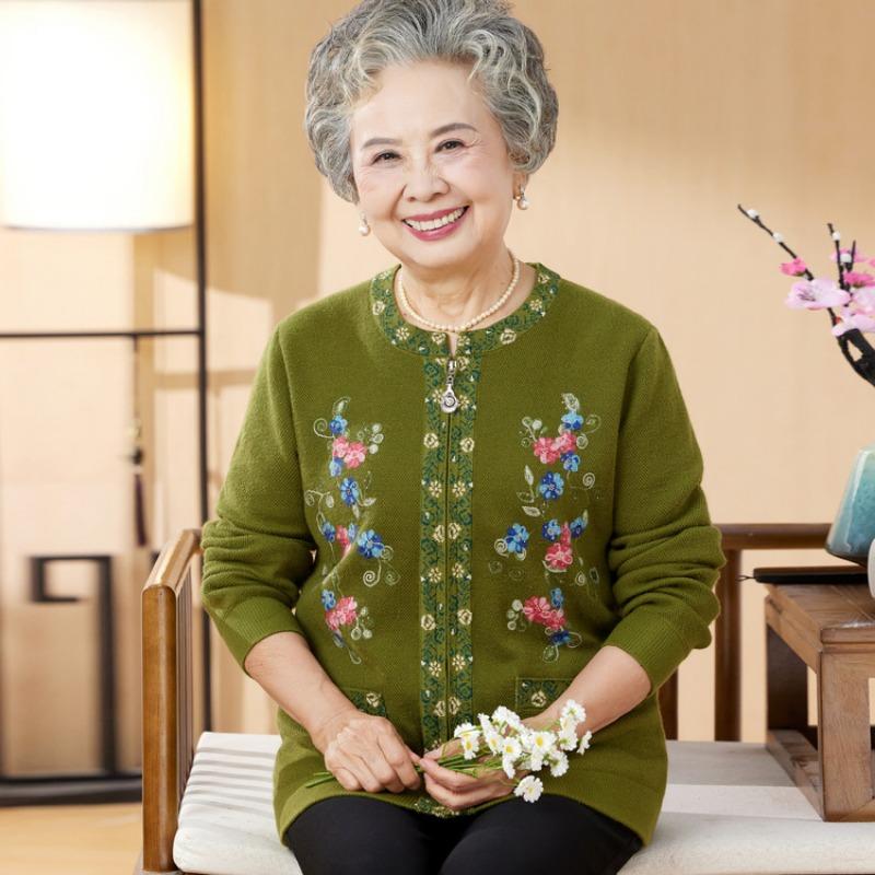 

Свитера для среднего и пожилого возраста Весенне-осенний свободный вязаный кардиган с вышивкой Мамин свитер с круглым вырезом Куртка бабушкин топ 5XL зелёный