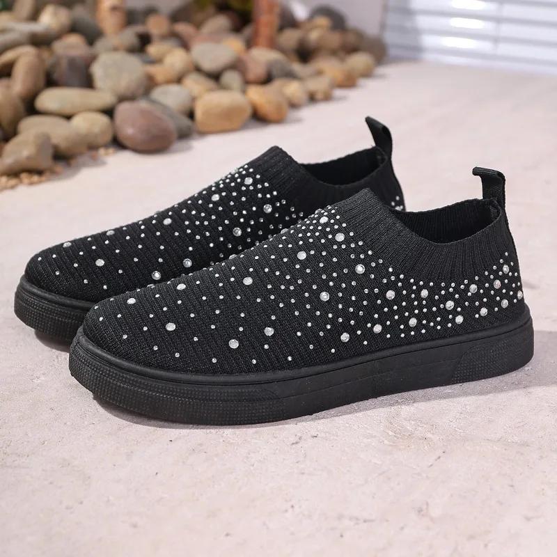 2025 Brand Ladies Shoes Slip-on Women's Vulcanize Shoes Crystal Casual Plus Size Grid Best Seller Breathable Sneakers