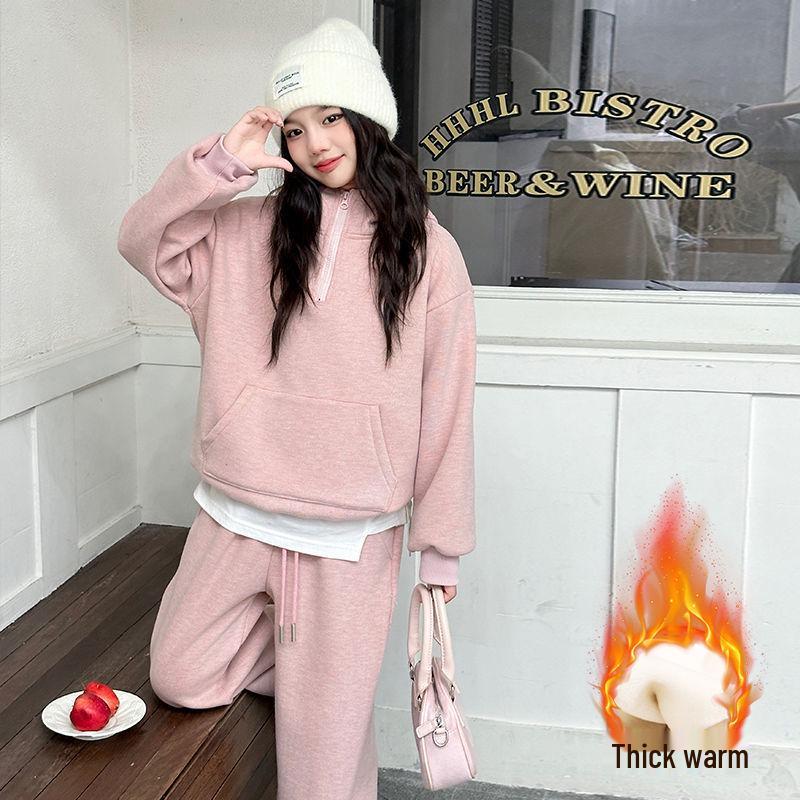 Girls' Fleece-Lined Sweatshirt Three-Piece Set - 2024 Autumn/Winter Trendy Casual Sportswear
