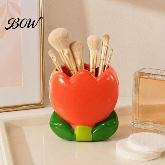 Office Desk Accessories for Women Tulip Makeup Brush Holder, Resin Cosmetic Organizer Vanity Desk, Cute Flower Pen Floral Stationery Cup