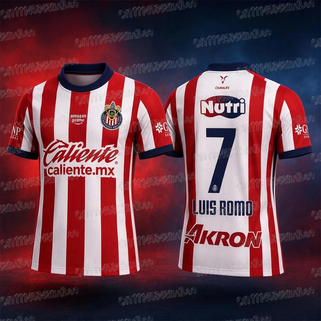 2026 Guadalajara Chivas Luis Romo 7# Football Jersey Summer 3D Sports Football T-shirt Breathable Quick Drying FamilyMatching